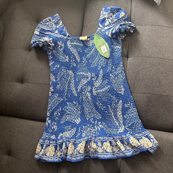 Farm Rio Blue Floral Banana Smocked Puff Sleeve Summer Dress Size L - Picture 2 of 9